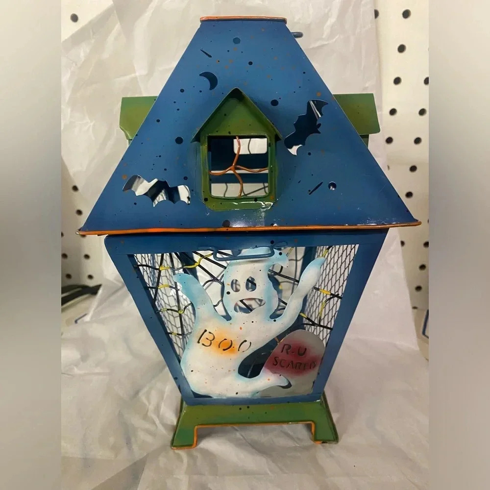 5/$20 Vintage Halloween Candle‎ Tealight Lantern Spooky Metal Cage Blue 2001